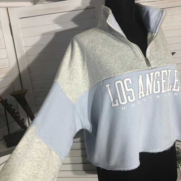 Hollister cropped sweatshirt cotton blue gray color block 1/4 zip mock neck sz M - Picture 5 of 7